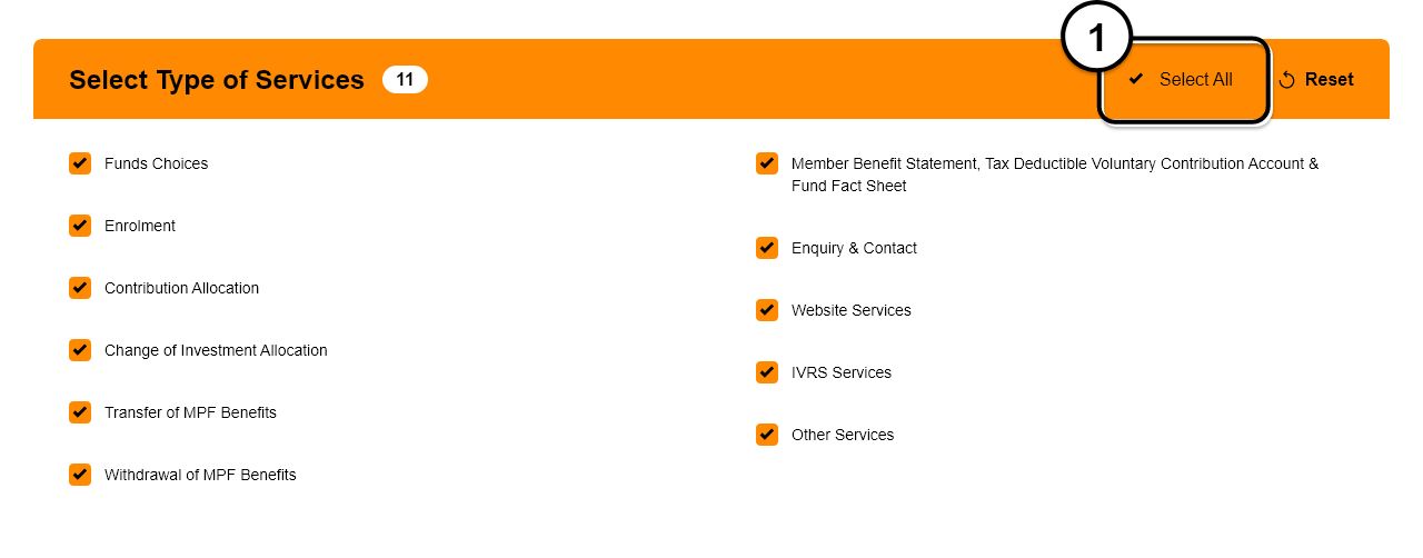 In the default setting, the Platform selects all types of services available for comparison. If you only want to select some services for comparison, you have to un-tick the box beside “All Services”. 
