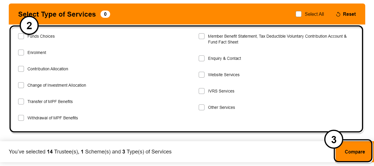 Then, all services available for comparison will be shown in the box “Please select the services that you want to compare”. You can click on the services that you want to compare. The chosen services will be shown in the box “Services selected”.