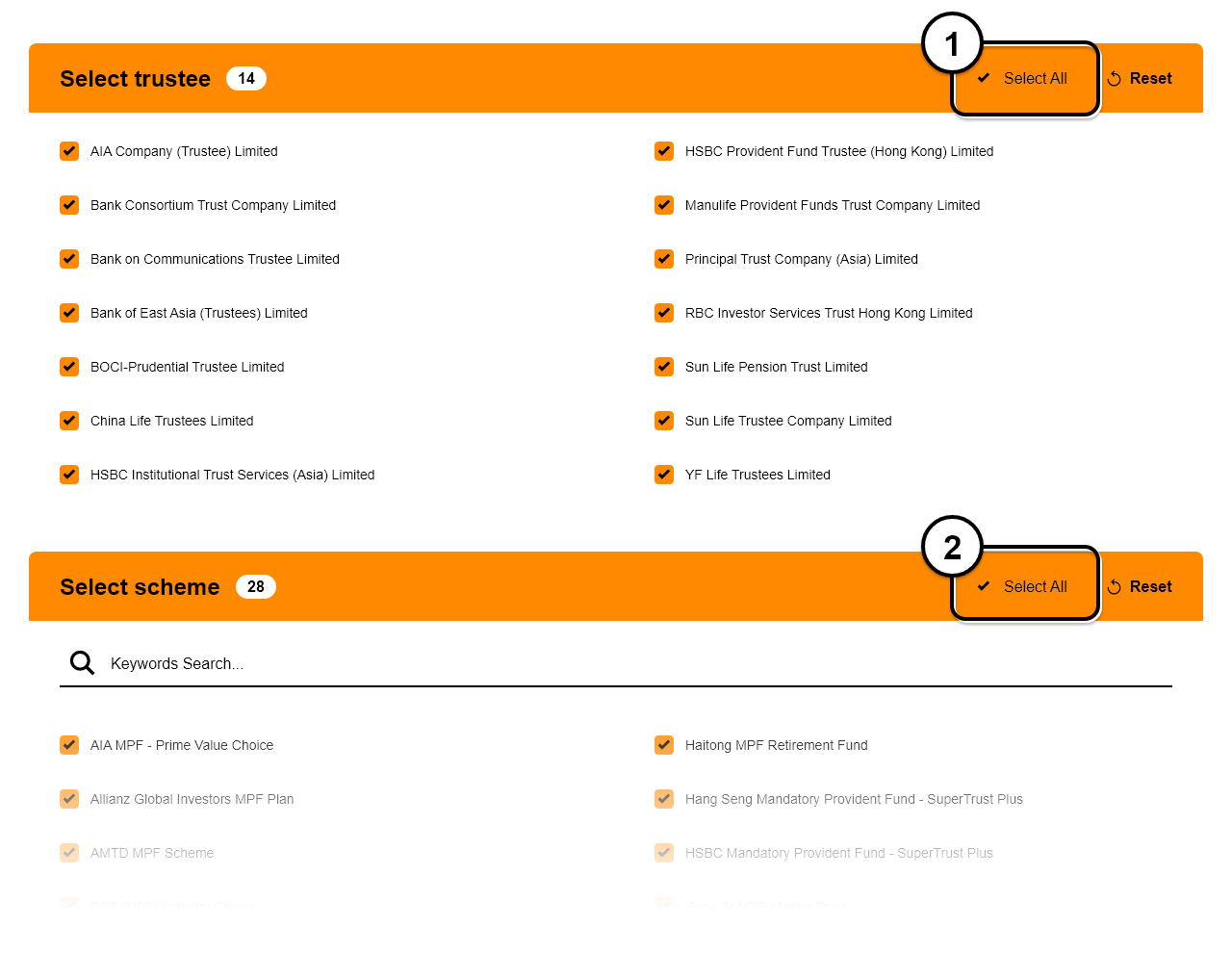 Tick the boxes beside “All Trustees” and “All Schemes”. All MPF schemes will then be shown in the box “Schemes selected”.