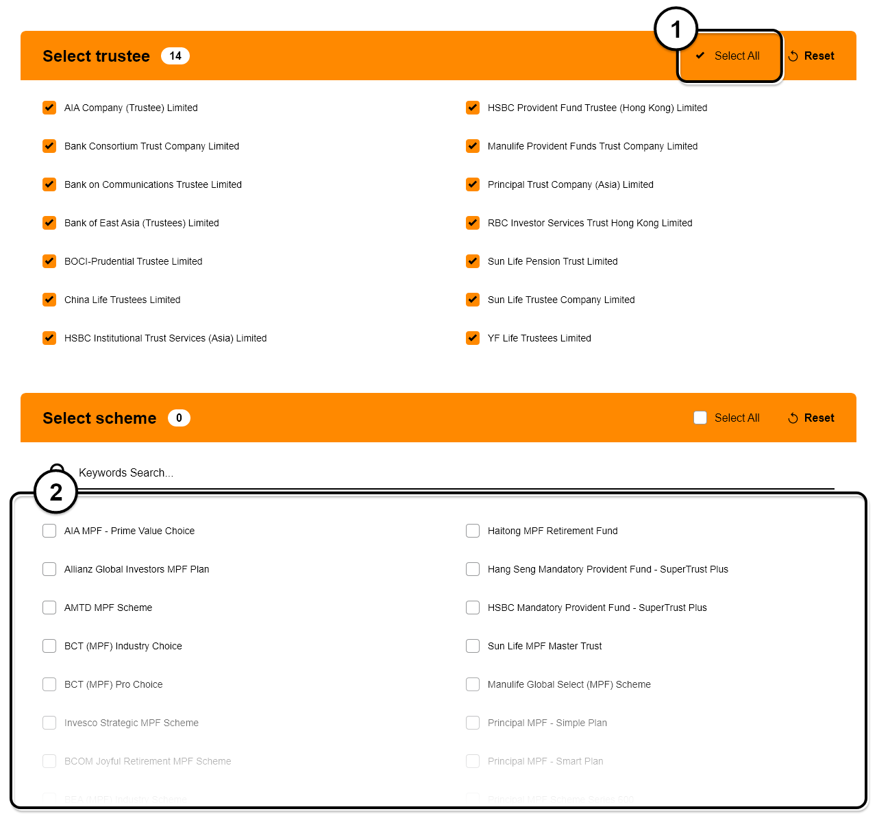 Tick the box beside “All Trustees” and all MPF schemes will then be shown in the box “Please select the schemes that you want to compare”. You can click on the schemes that you want to compare. The chosen schemes will be shown in the box “Schemes selected”.