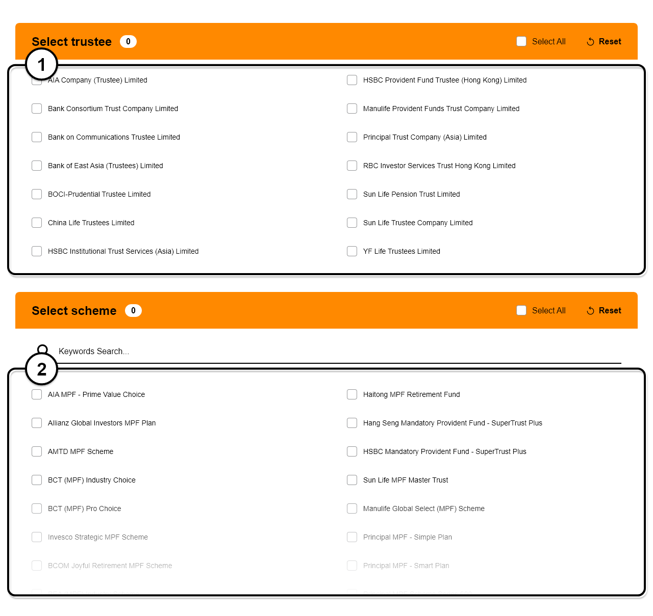 Select one or more trustees from the list of trustees, and the MPF schemes offered by the respective trustee(s) will be shown in the box “Please select the schemes that you want to compare”. You can click on the schemes that you want to compare. The chosen schemes will be shown in the box “Schemes selected”.