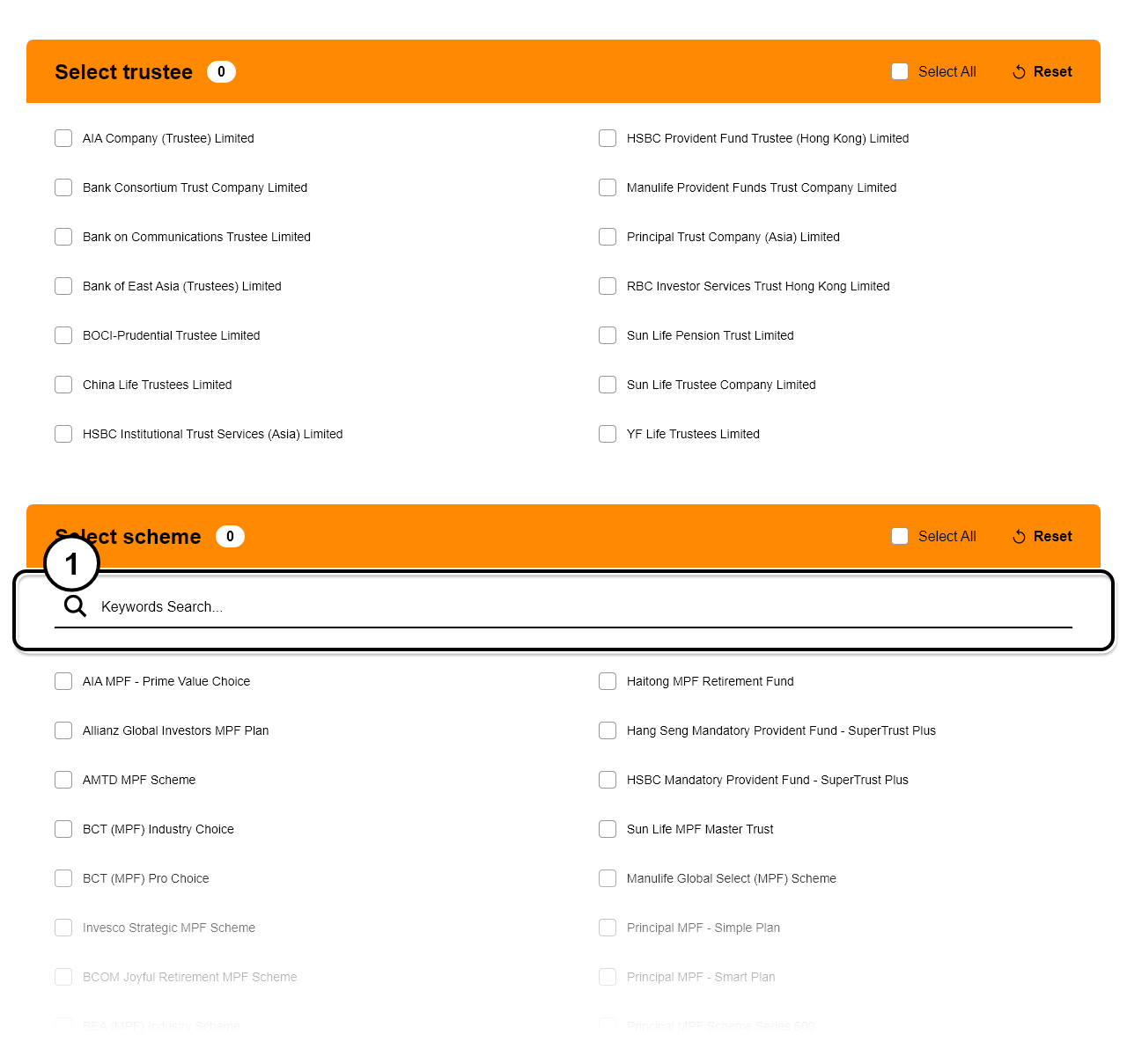 Input keywords or phrase in the space provided. A list of the schemes that matches the keywords you have entered will be shown in the box “Please select the schemes that you want to compare”. You can click on the schemes that you want to compare. The chosen schemes will be shown in the box “Schemes selected”.